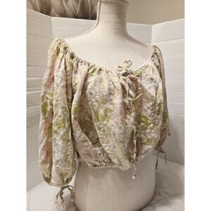 Rachel Zoe L Off the Shoulder Floral Crop Top Linen Blend Boho 3/4 Sleeve Fairy